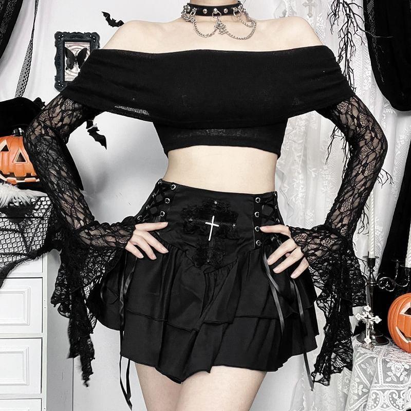 Long-Sleeve Lace Panel Off Shoulder Crop Knit Top Product Image