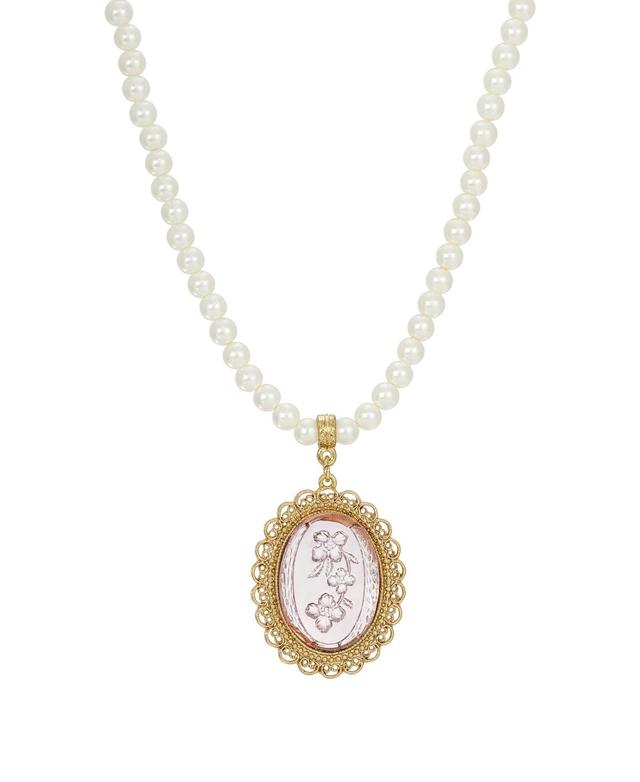 1928 Gold Tone Simulated Pearl Light Purple Intaglio Pendant Necklace, Womens Product Image