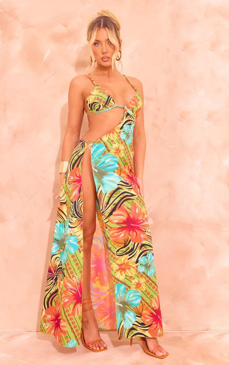 Green Floral Print Trim Detail Side Cut Out Maxi Dress Product Image