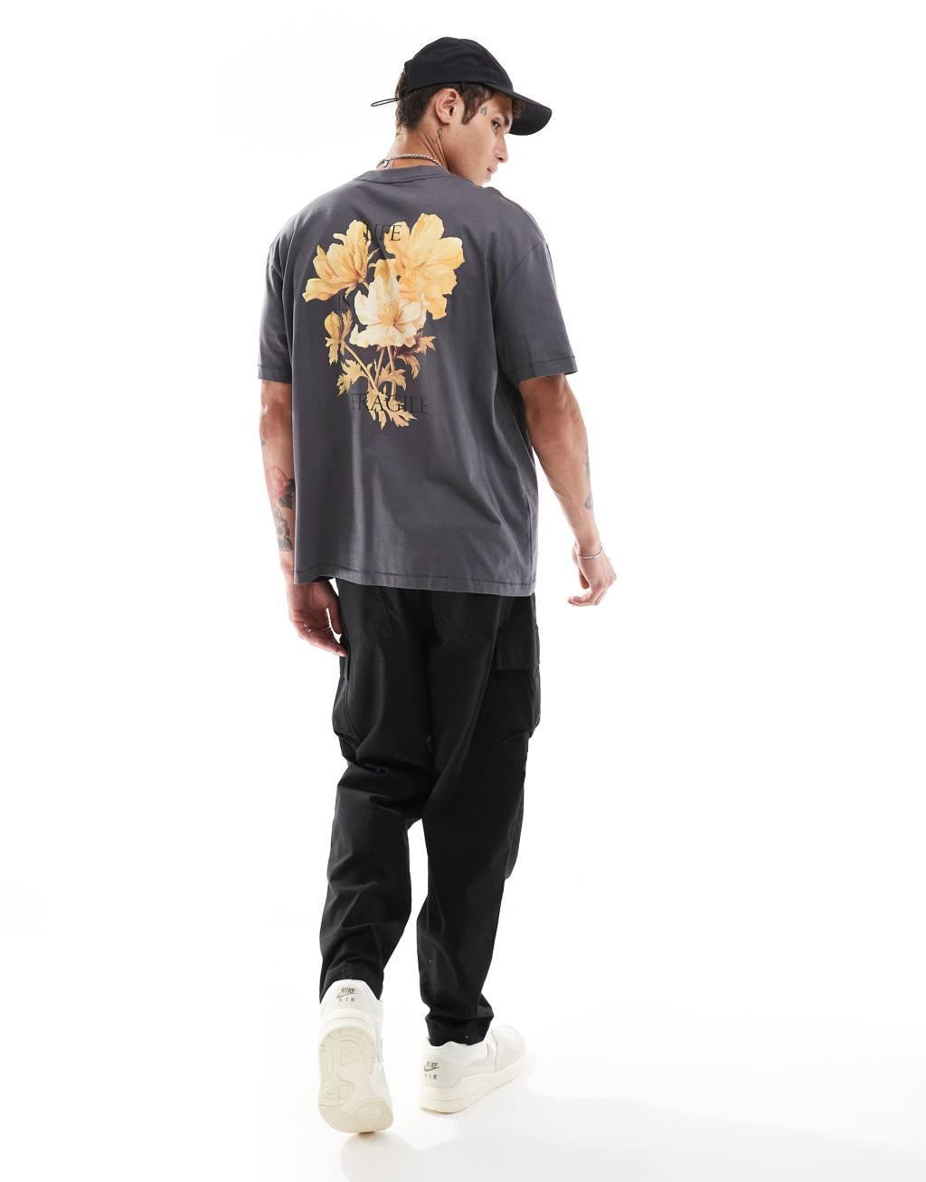 ONLY & SONS oversized T-shirt with floral back print in dark gray Product Image