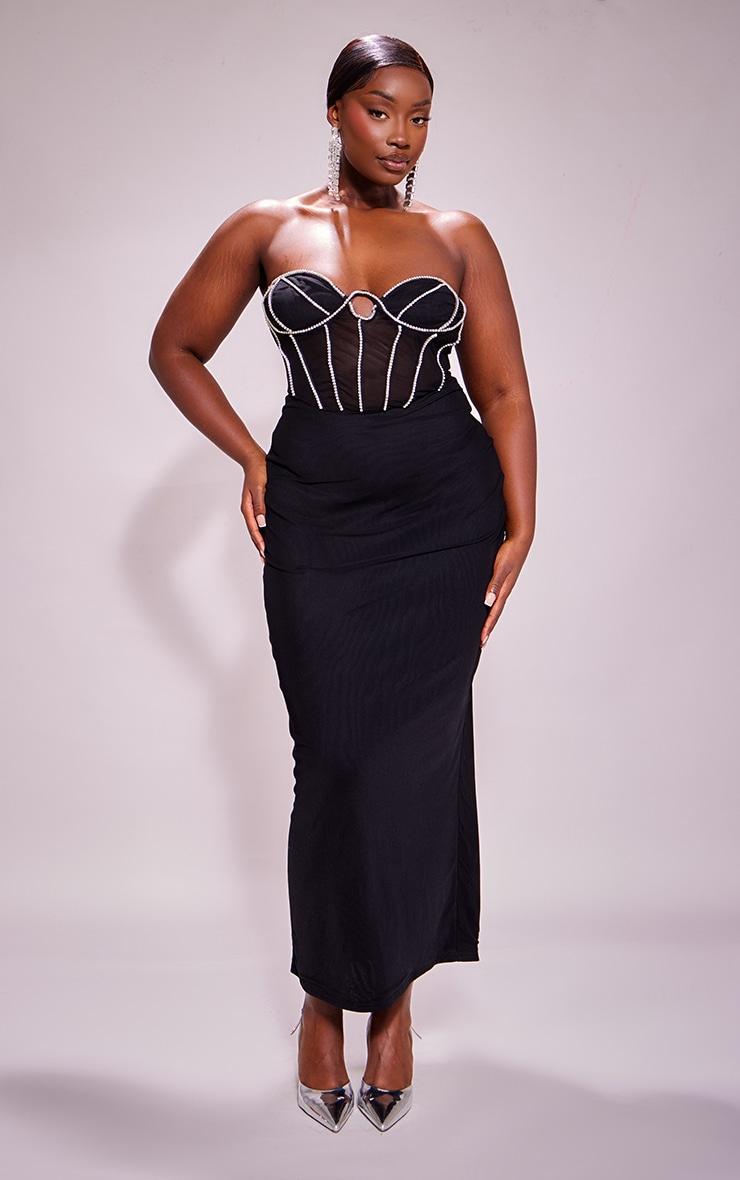 Plus Black Diamante Corset Bandeau Maxi Dress Product Image