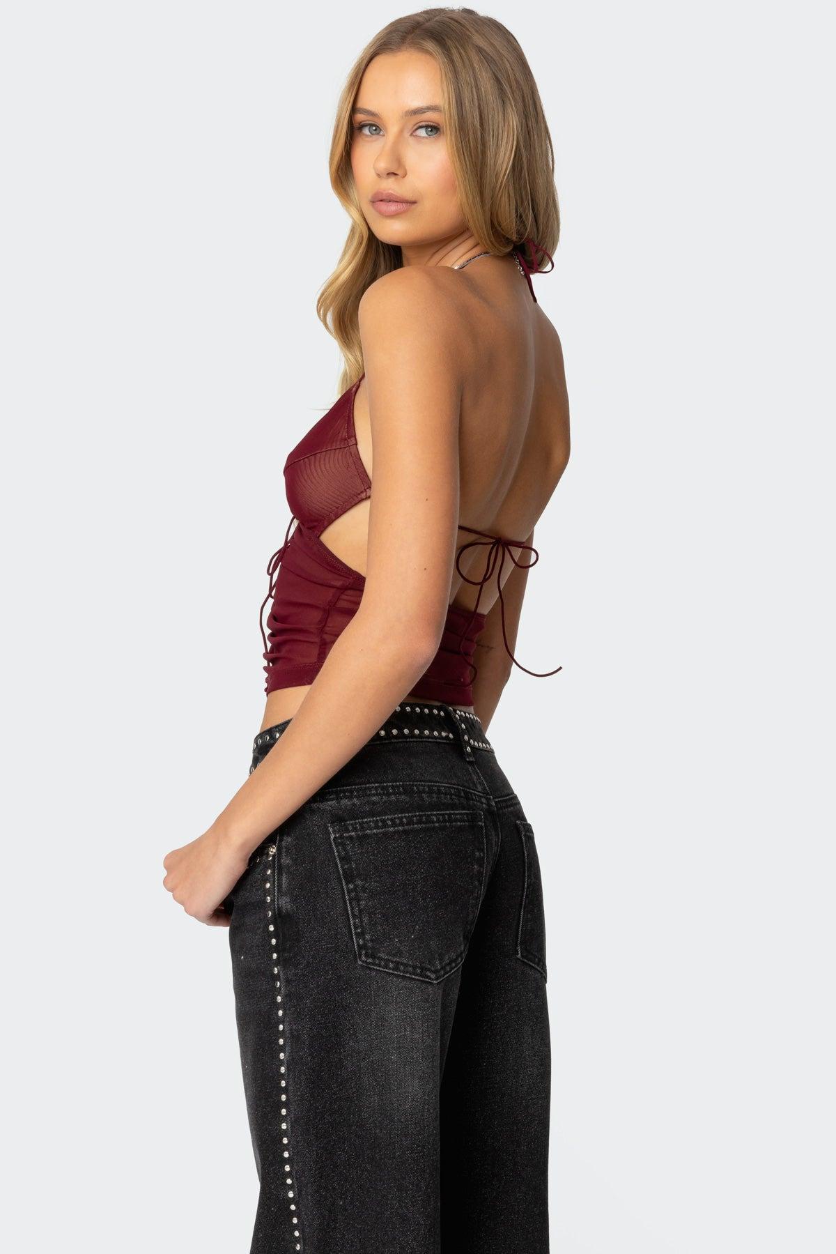 Strappy Ruched Mesh Top Product Image