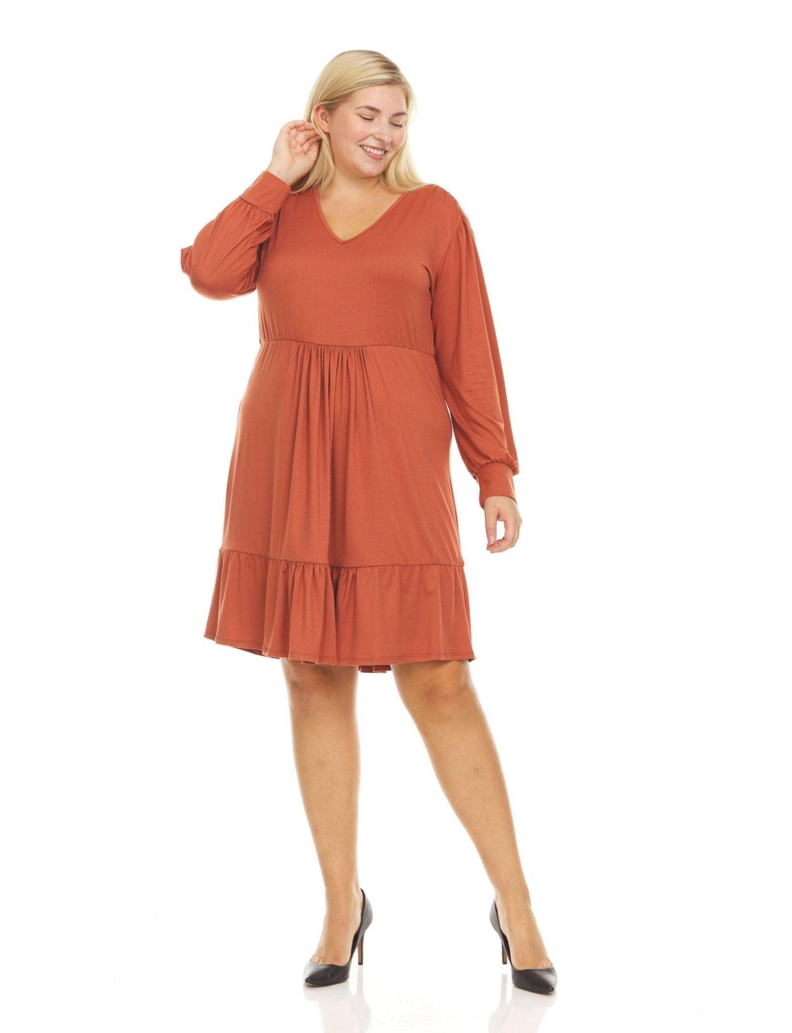 Long Sleeve Solid Color V-neck Multi Tiered Midi Dress- plus Product Image