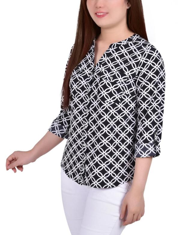 Petite 3/4 Sleeve Roll Tab Y Neck Blouse Product Image