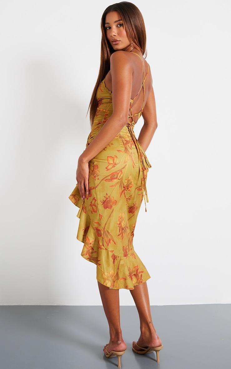 Green Floral Print Lace Up Back Twist Detail Midi Dress Product Image