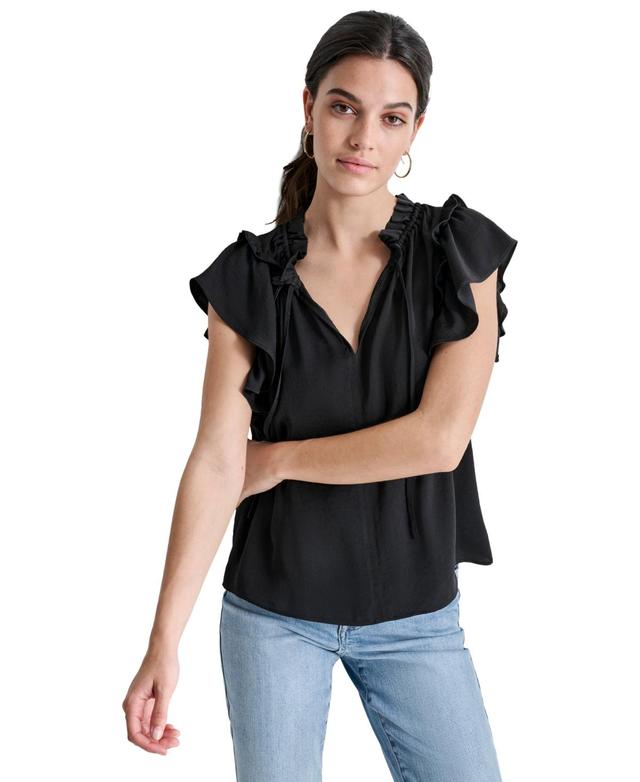 Dkny Jeans Womens Ruffle-Trim Split-Neck Top Product Image