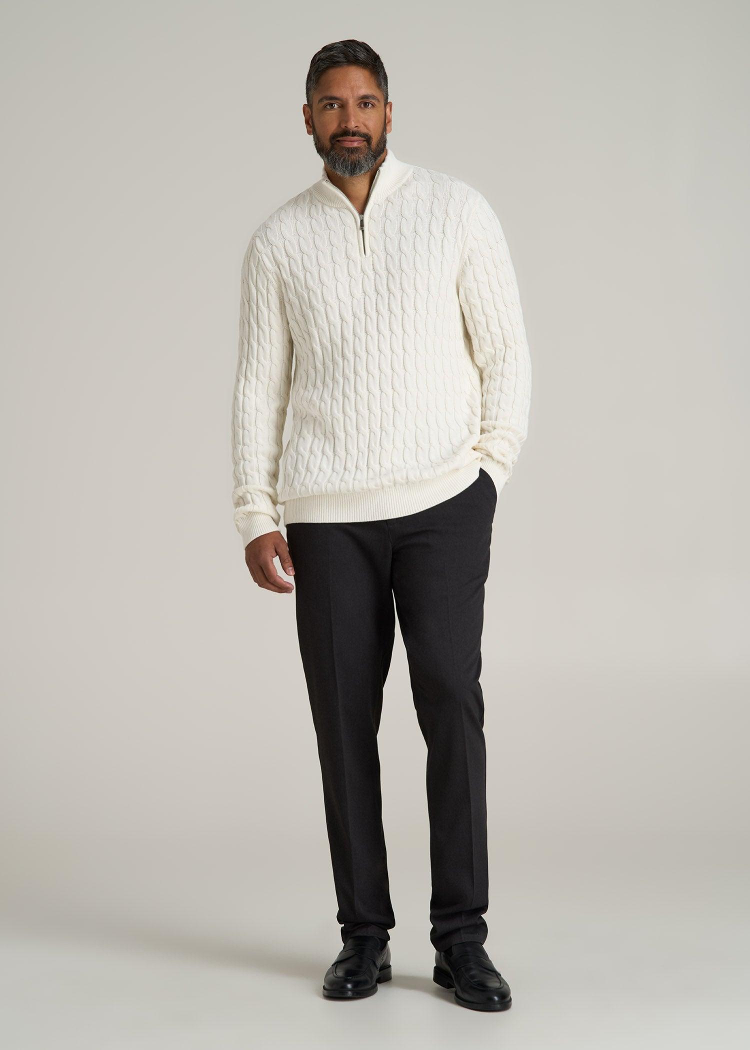 Cable Knit Half Zip Sweater for Tall Men in Ivory White Product Image