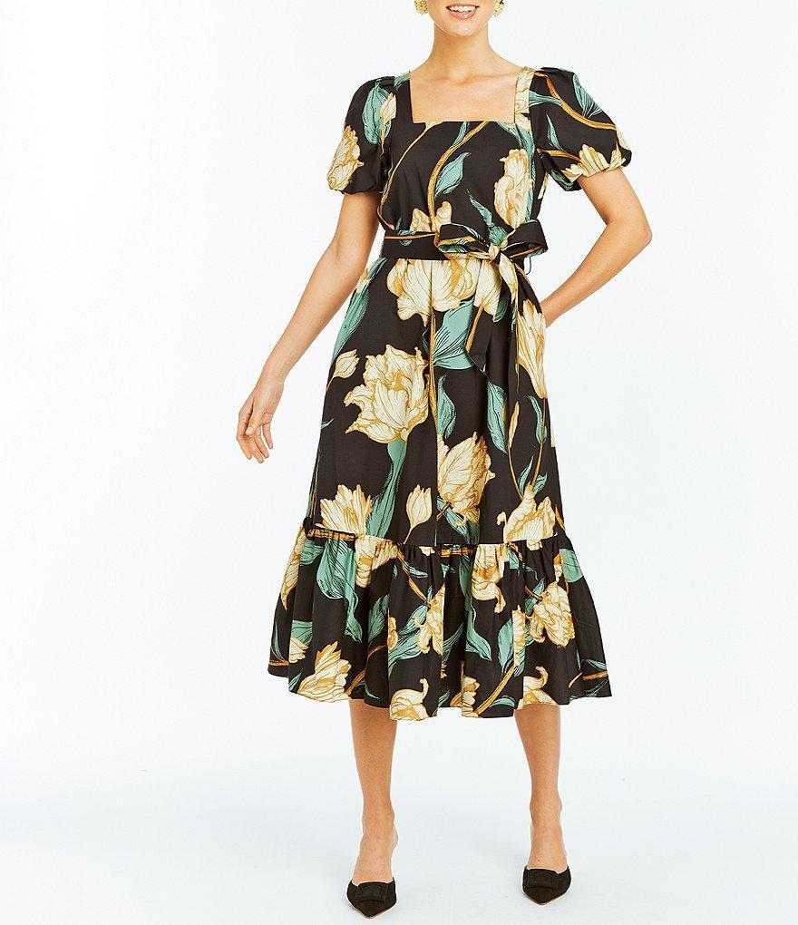 Mestiza New York Jasmine Linen Floral Print Square Neck Puff Sleeve Midi A-Line Dress product image