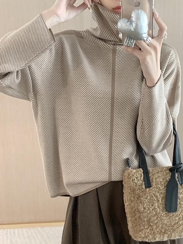 Long Sleeves Loose Contrast Color High Neck Pullovers Sweater Tops Product Image