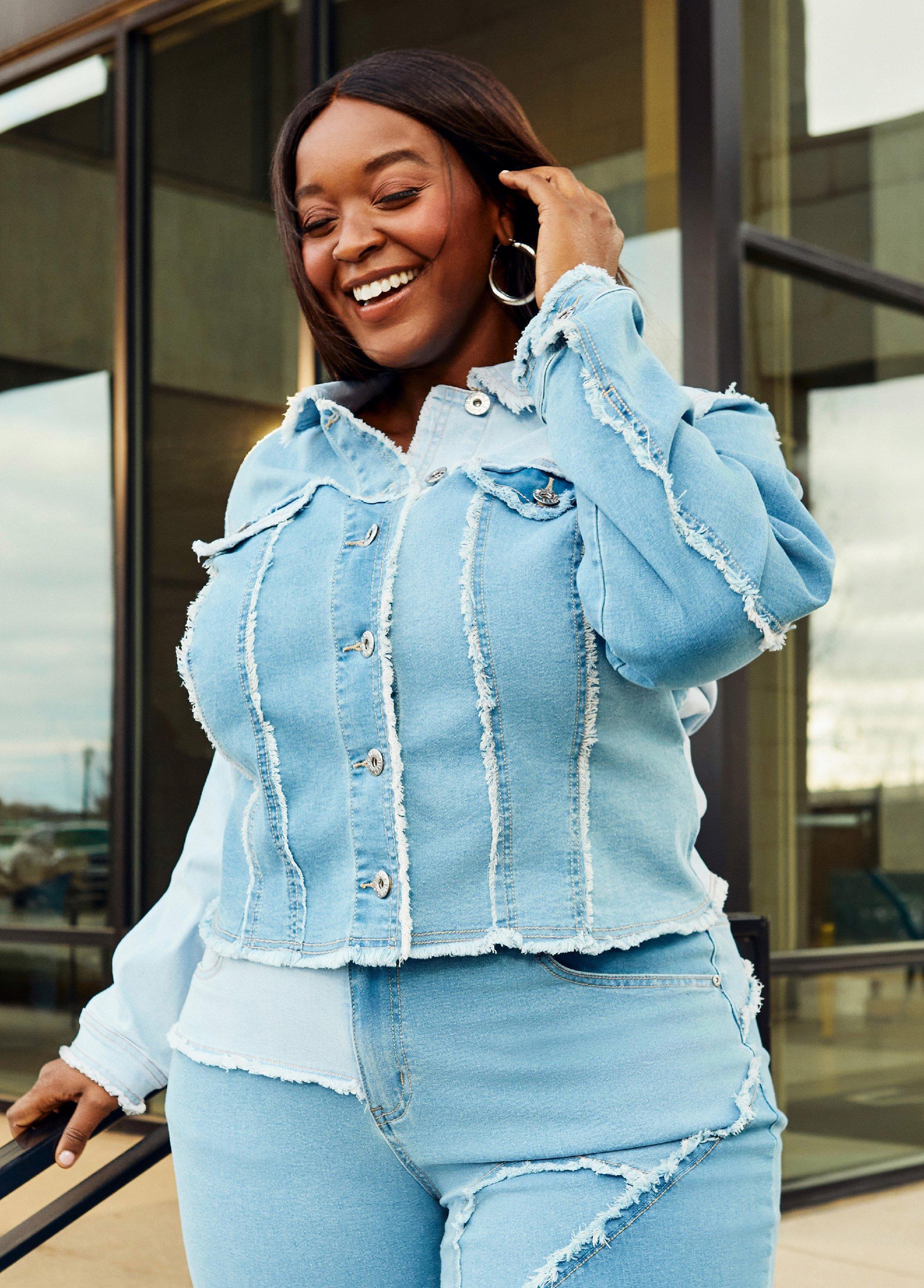 Plus Size Cropped Patchwork Denim Jacket Ashley Stewart product image