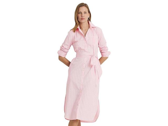 LAUREN Ralph Lauren Striped Belted Broadcloth Shirtdress White Multi) Women's Dress Product Image