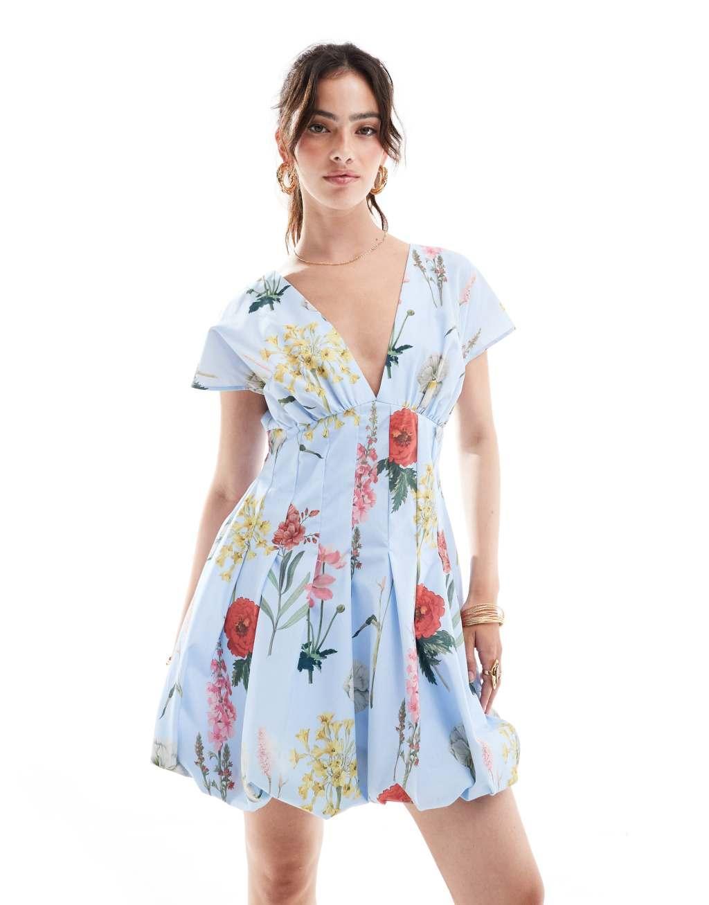 ASOS DESIGN mini short sleeve dress godet skirt in botanical floral print Product Image