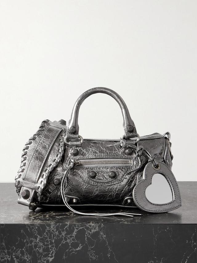 BALENCIAGA Neo Cagole Xs Studded Metallic Crinkled-leather Tote In Silver Product Image