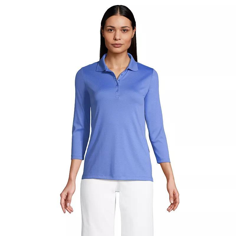 Petite Lands End Supima Cotton 3/4 Sleeve Polo Shirt, Womens Deep Blue Product Image