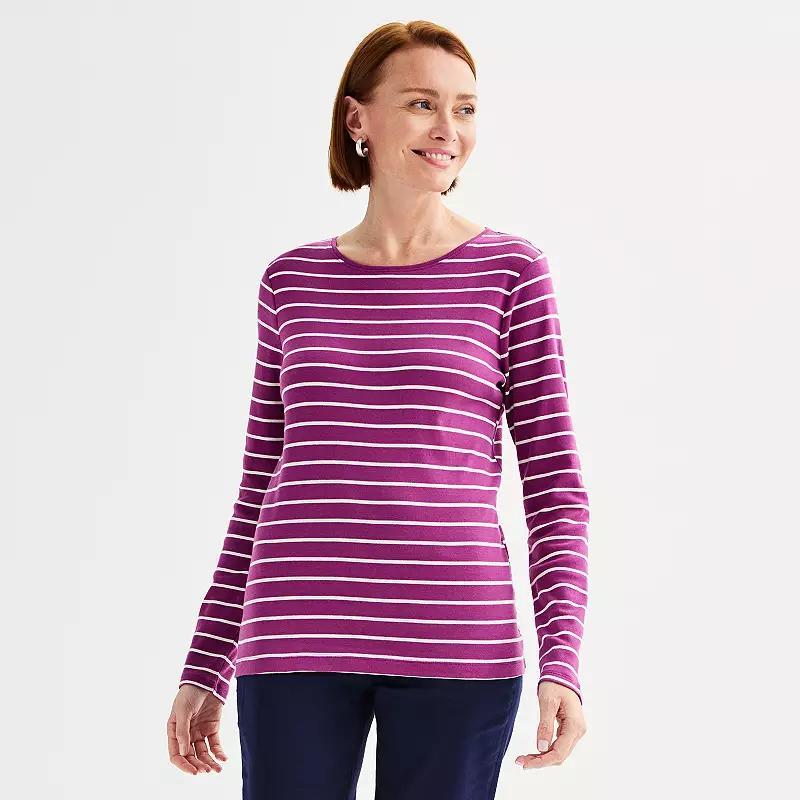 Womens Croft & Barrow Essential Long-Sleeve Crewneck Tee Red Classy Stripe Product Image