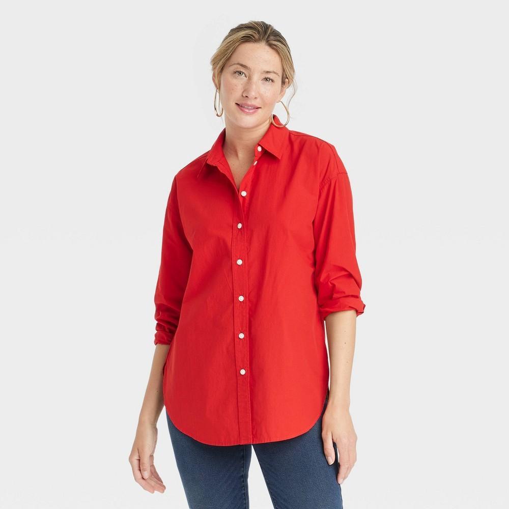 Womens Oversized Long Sleeve Collared Button-Down Shirt - Universal Thread Red Product Image