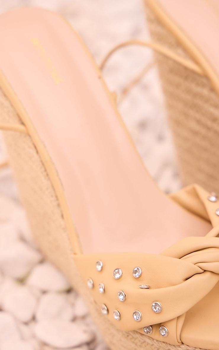 Beige Matte Pu Round Toe Stud Detail Lace Up High Heeled Wedges Product Image