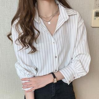 Long-Sleeve Collar Pinstriped Blouse Product Image