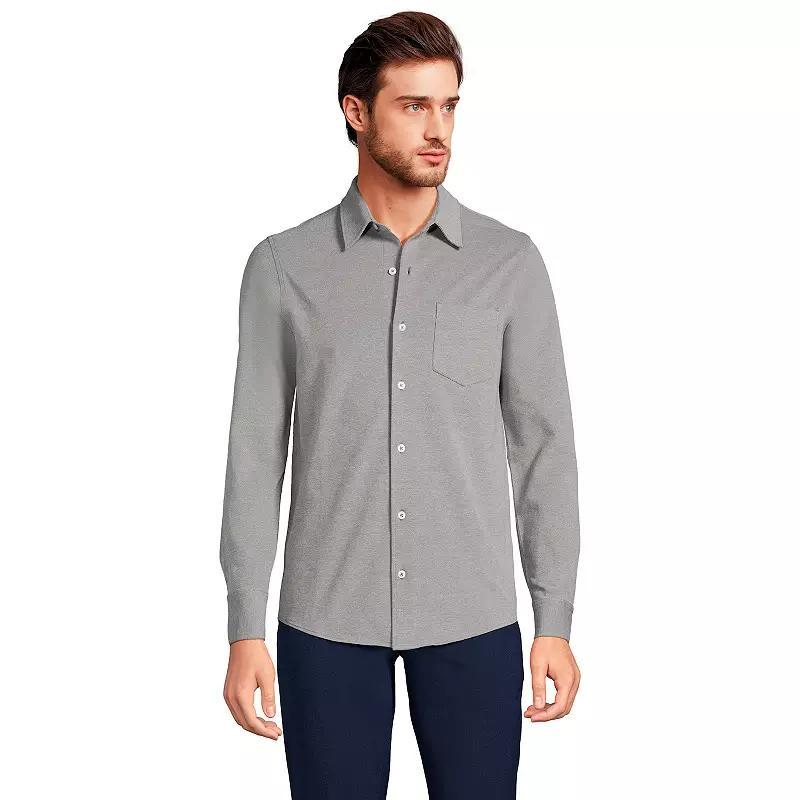 Mens Lands End Long Sleeve Texture Knit Button Down Shirt Grey Gray Product Image