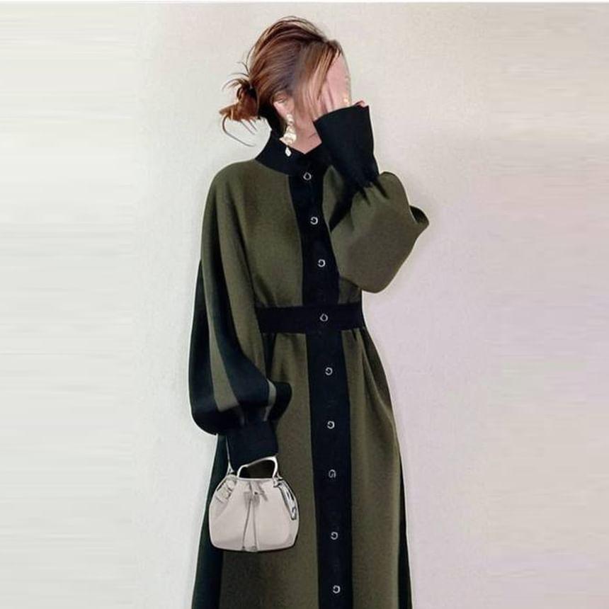 Long Sleeve Turtleneck Two Tone Striped Maxi A-Line Dress Product Image