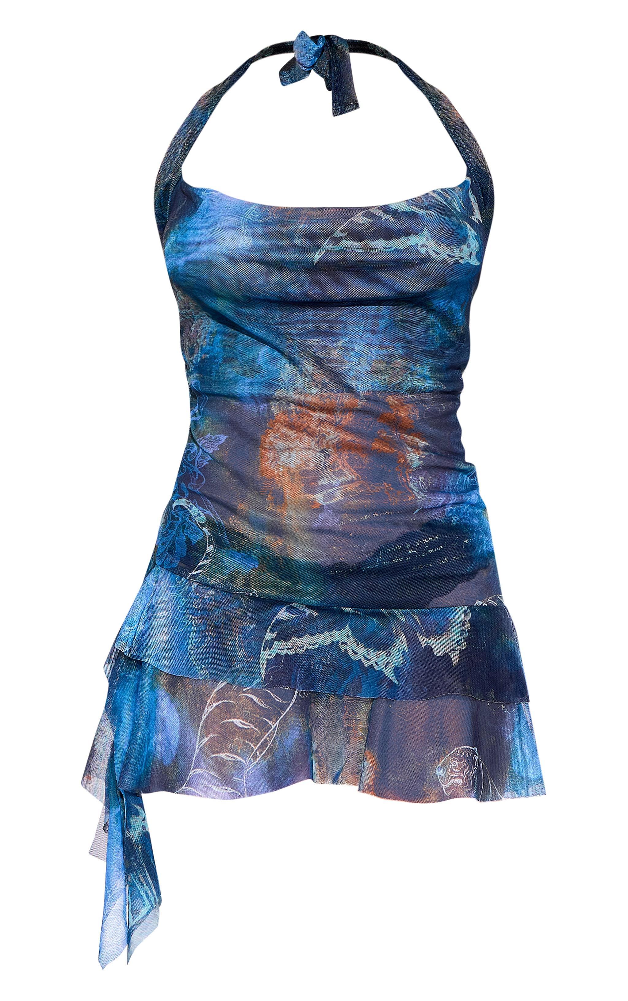 Blue Butterfly Print Mesh Cowl Frill Detail Shift Dress Product Image