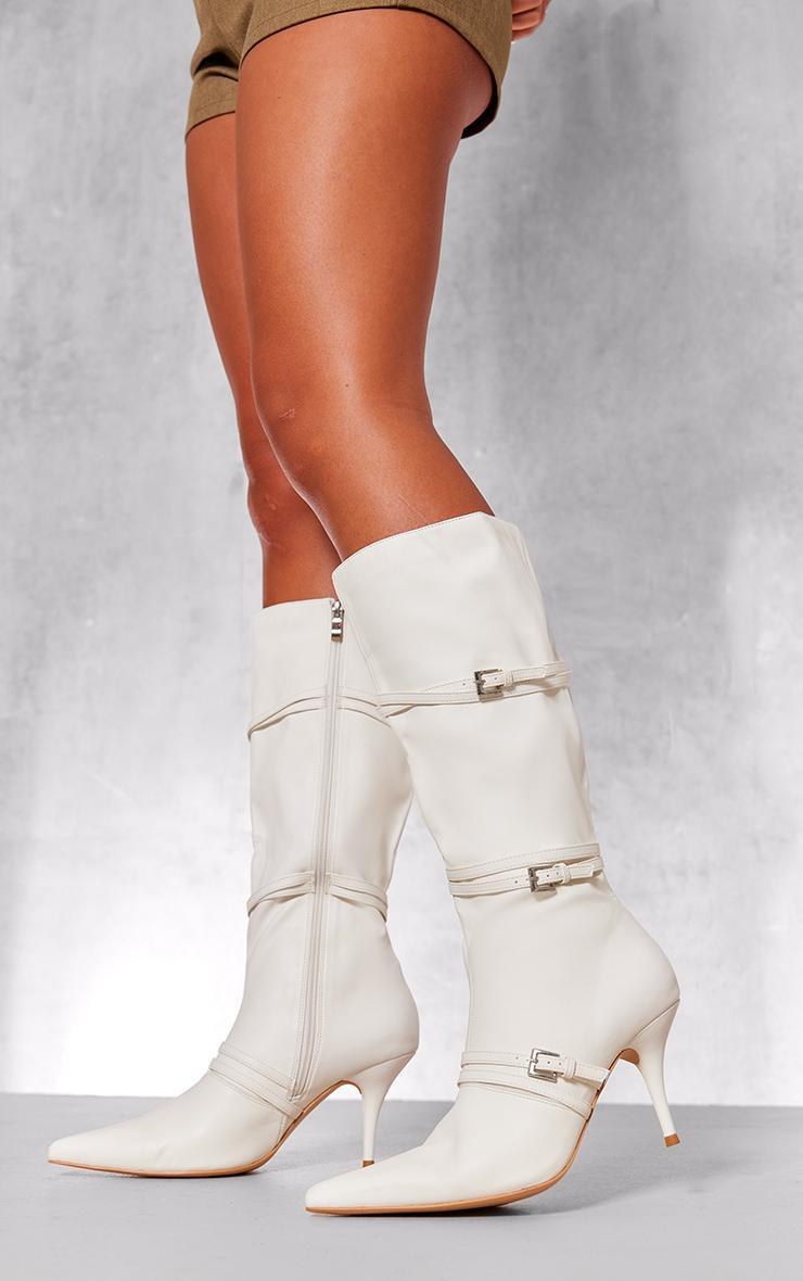 White Wide Fit Pu Point Toe Knee High Buckle Low Heeled Boots Product Image