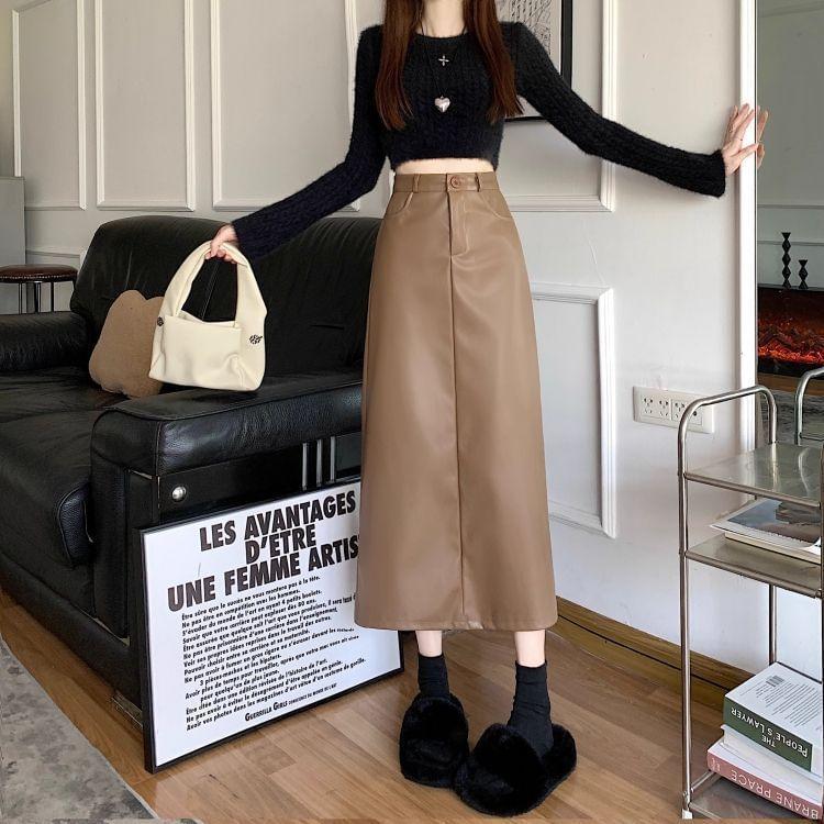 High Rise Plain Faux Leather Maxi A-Line Skirt Product Image