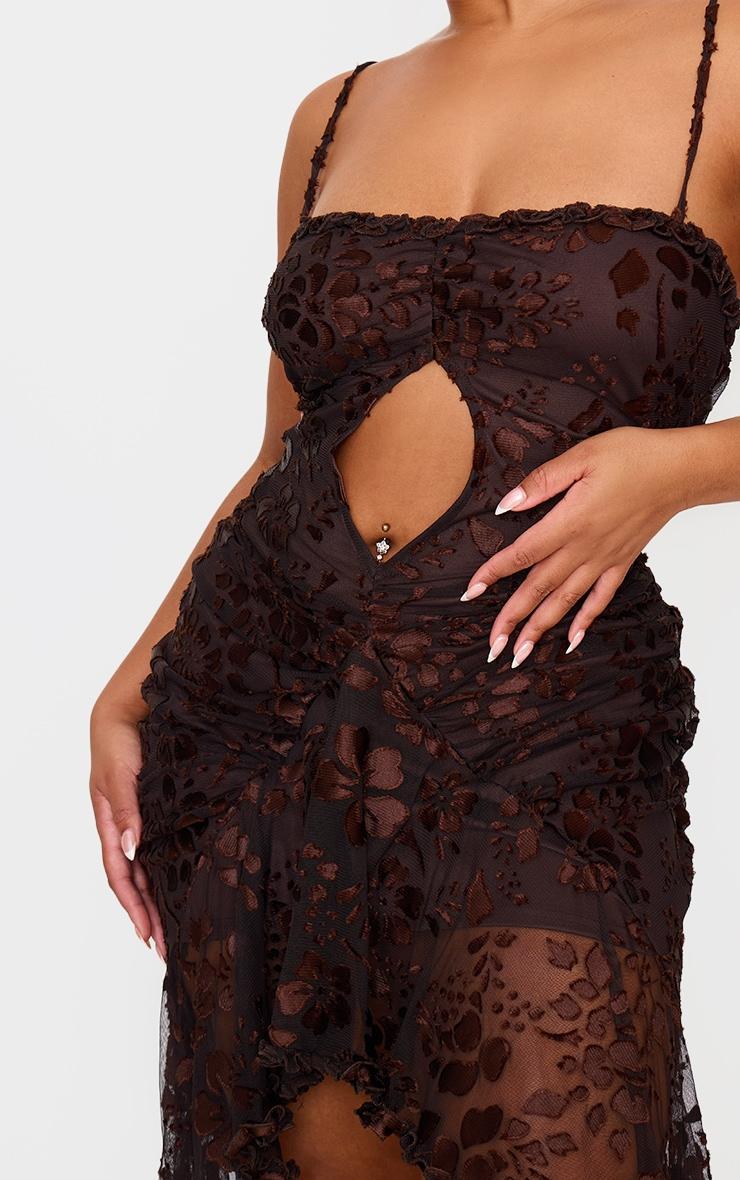 Plus Brown Devore Cut Out Frill Detail Dress Product Image