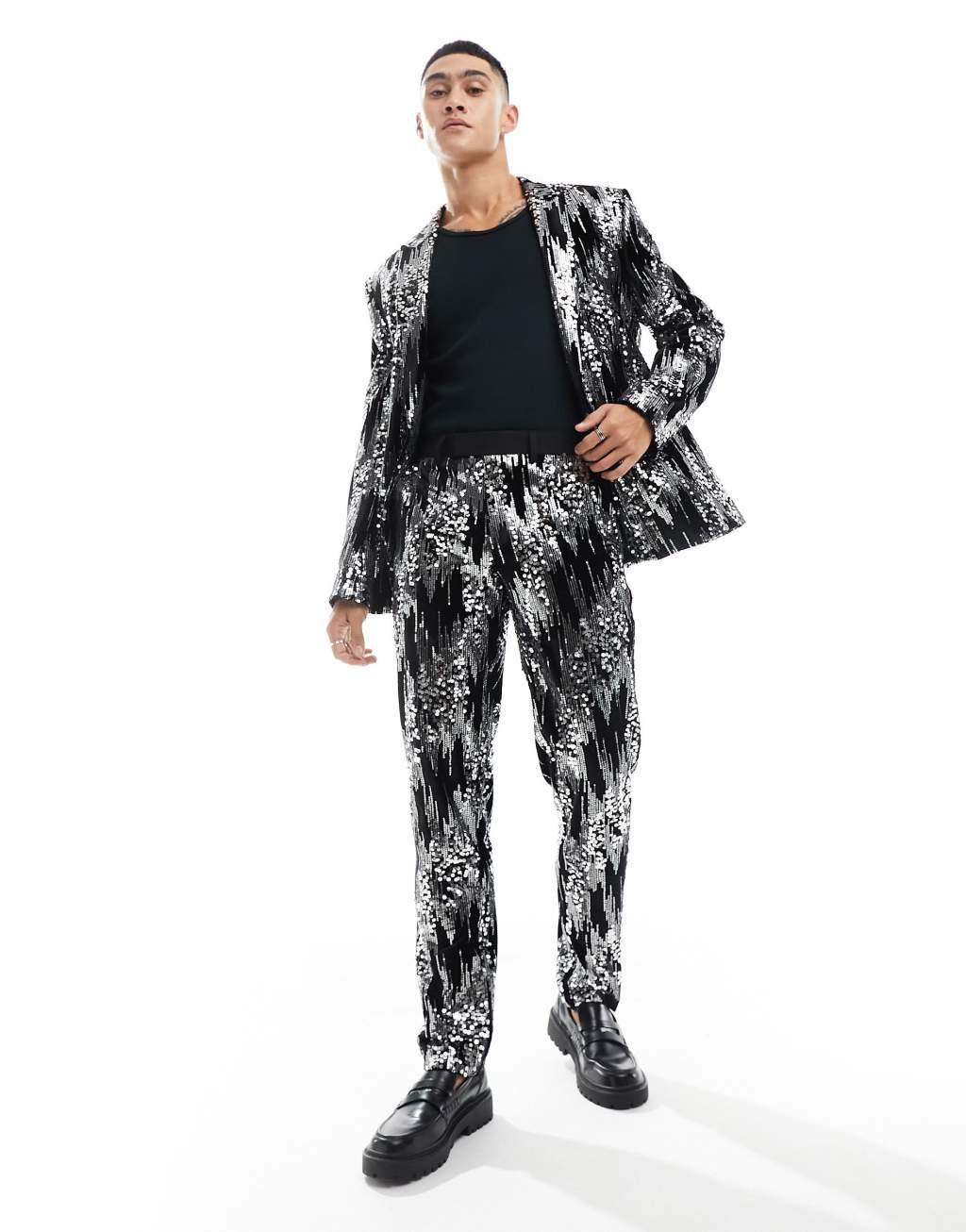 ASOS DESIGN slim scattered sequin suit pants in silver Product Image