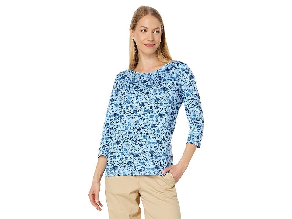 L.L.Bean Pima Cotton Shaped Jewelneck 3/4 Sleeve Print (Lake Watercolor Floral) Women's Clothing Product Image