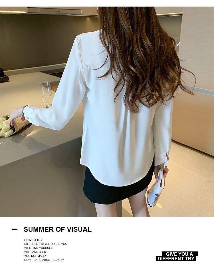 Long-Sleeve V-Neck Plain Blouse Product Image