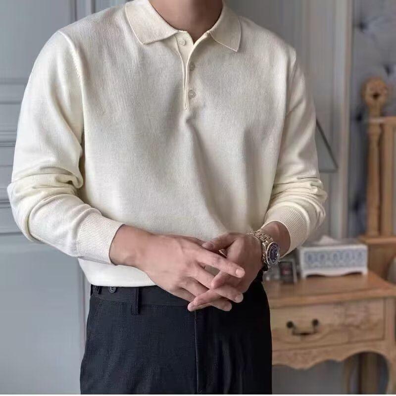 Long-Sleeve Plain Knit Polo Top Product Image