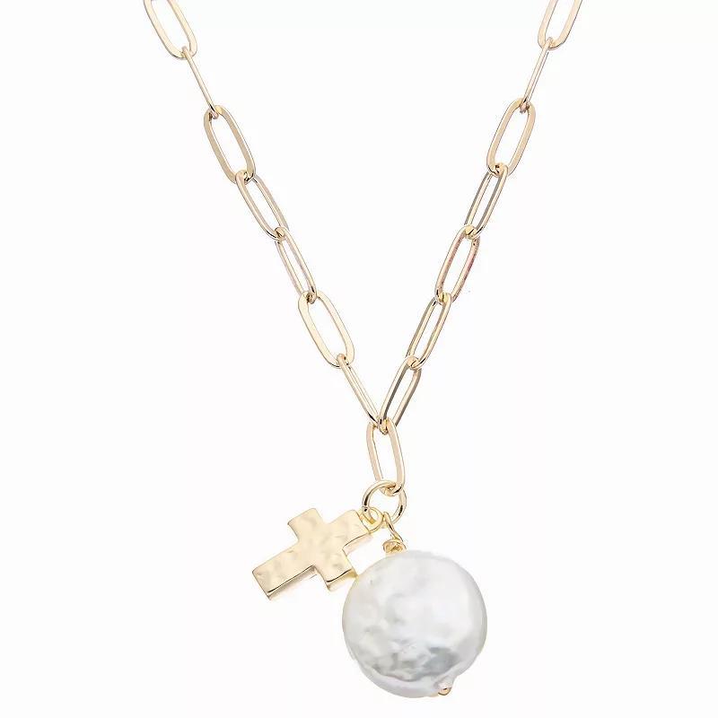 Juvell 18k Gold Plated Freshwater Cultured Pearl & Cross Necklace, Womens Gold Tone Product Image