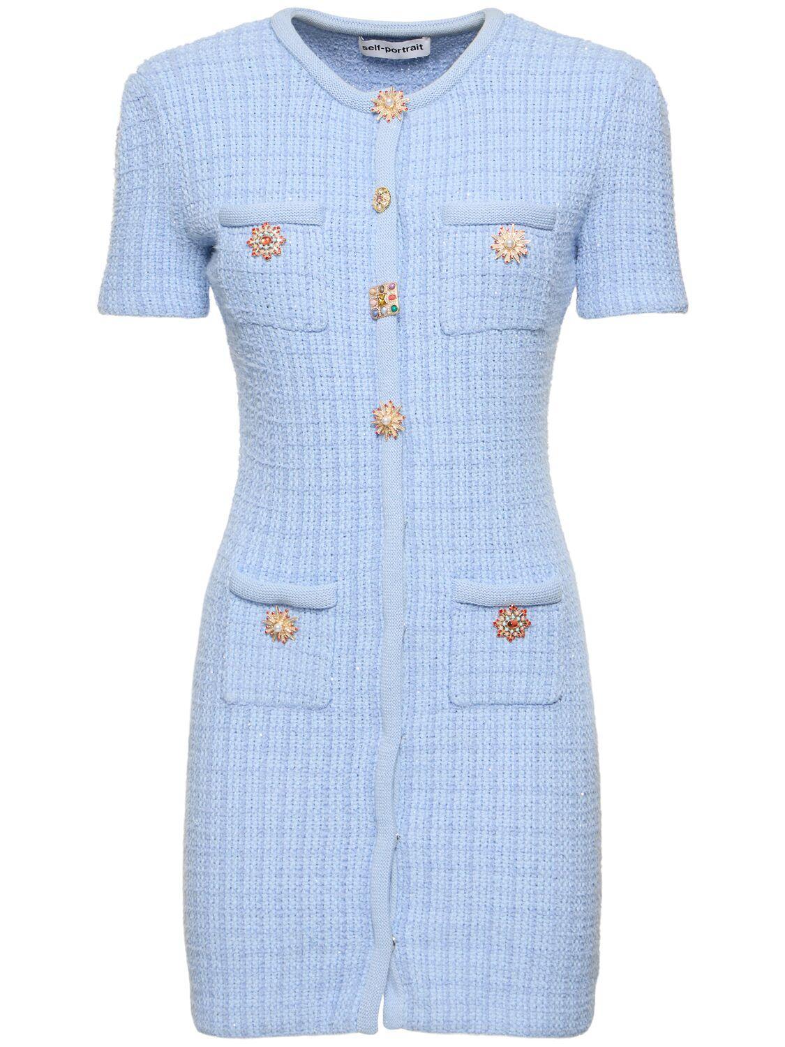 Beaded Button Knit Dress In Light Blue Product Image