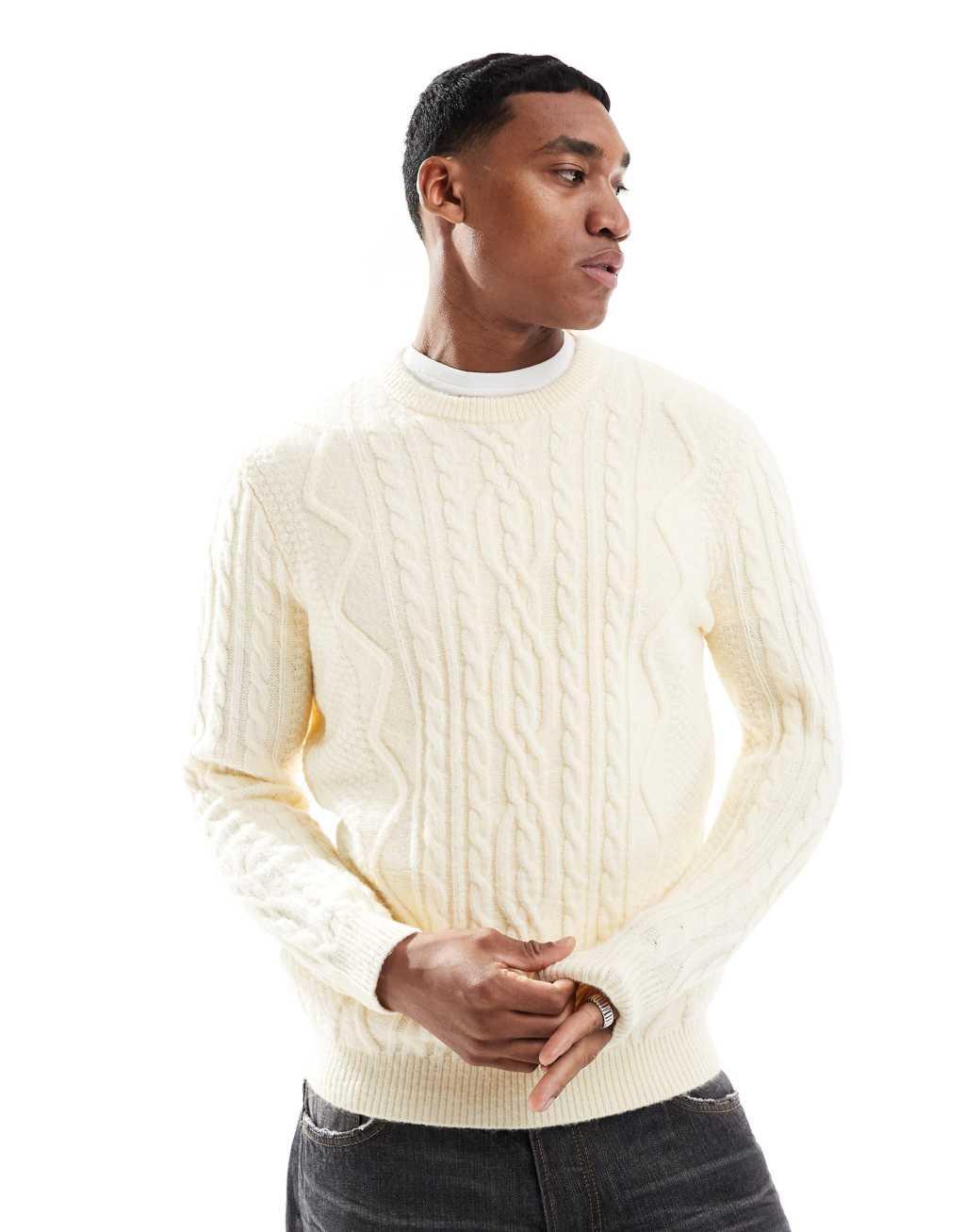 ASOS DESIGN heavyweight cable knit crew neck sweater in cream Product Image