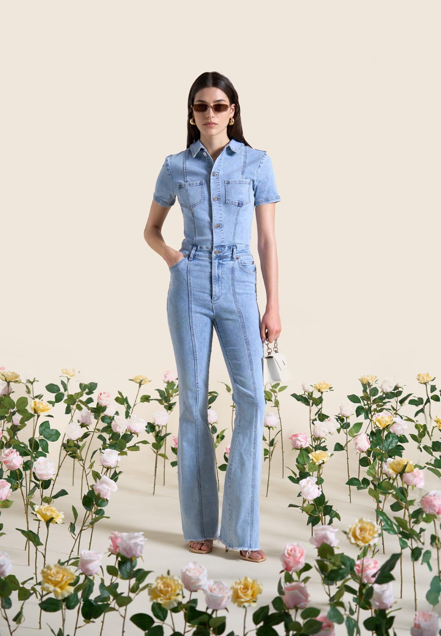 Mini Flared Denim Jumpsuit - Mid Blue Female Product Image