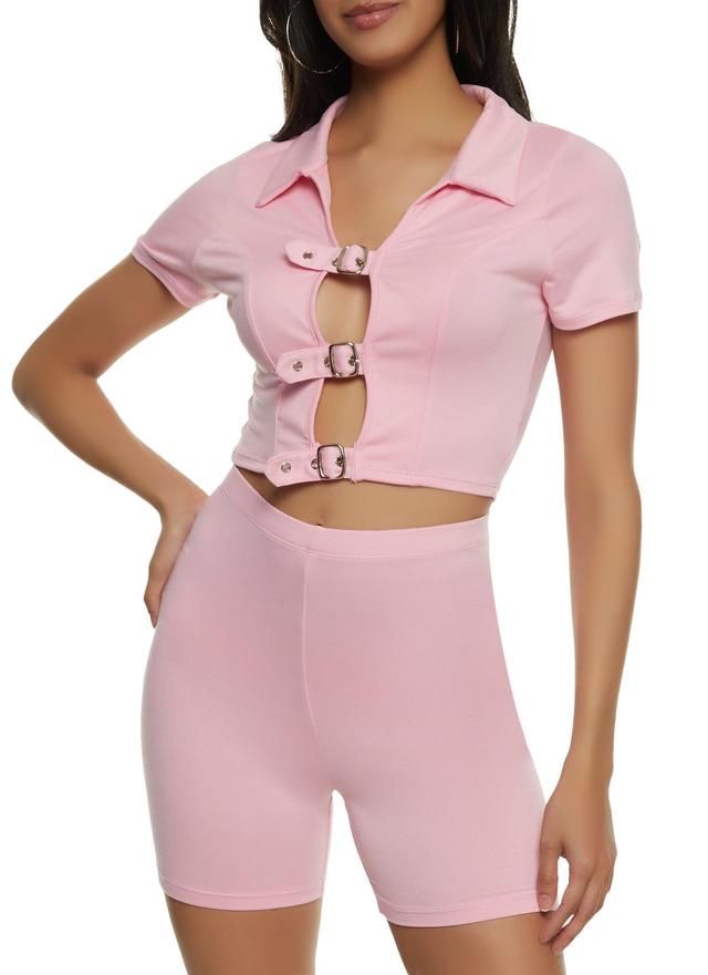 Womens Cut Out Buckle Detail Cropped Polo Shirt Product Image