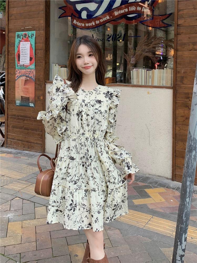 Long-Sleeve Round Neck Floral Ruffle Trim A-Line Dress Product Image