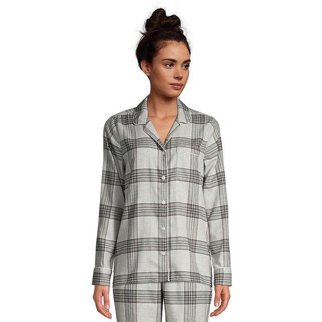 Womens Lands End Long Sleeve Flannel Pajama Top Gray Grey Plaid Product Image