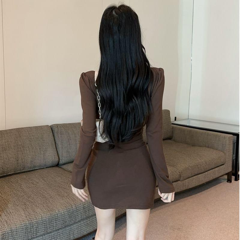 Long-Sleeve V-Neck Plain Mini Bodycon Dress Product Image