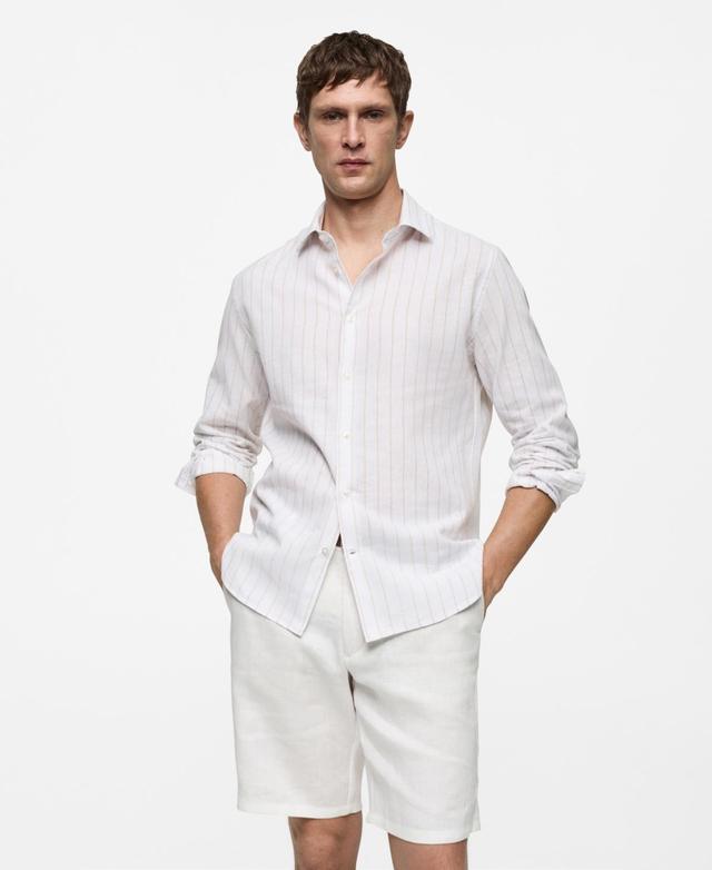 MANGO MAN - Regular-fit striped cotton-linen shirt sky blueMen Product Image