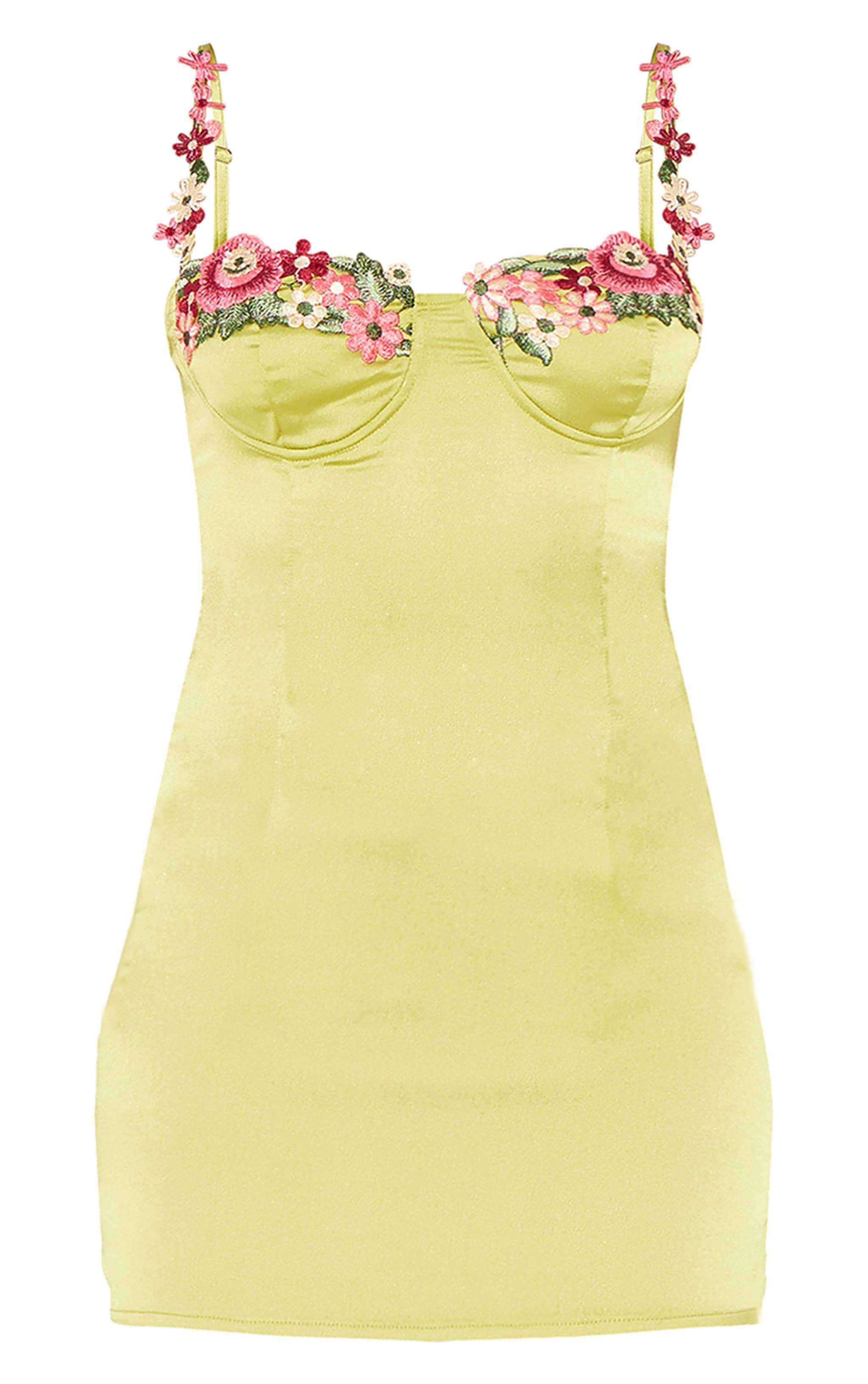 Olive Satin Floral Applique Underwired Strappy Mini Dress Product Image