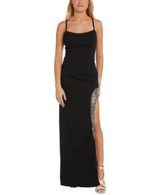 Nightway Women's Rhinestone-Trim Strappy-Back Gown - Black Product Image