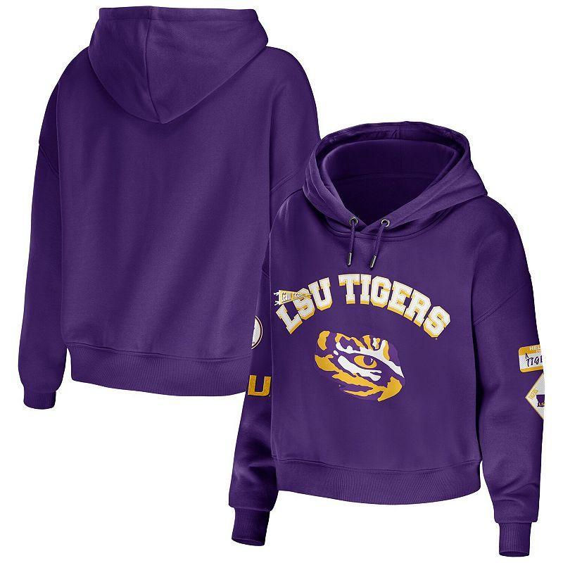 Womens WEAR by Erin Andrews LSU Tigers Mixed Media Cropped Pullover Hoodie Product Image