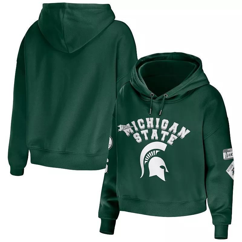 Womens WEAR by Erin Andrews Michigan State Spartans Mixed Media Cropped Pullover Hoodie Product Image