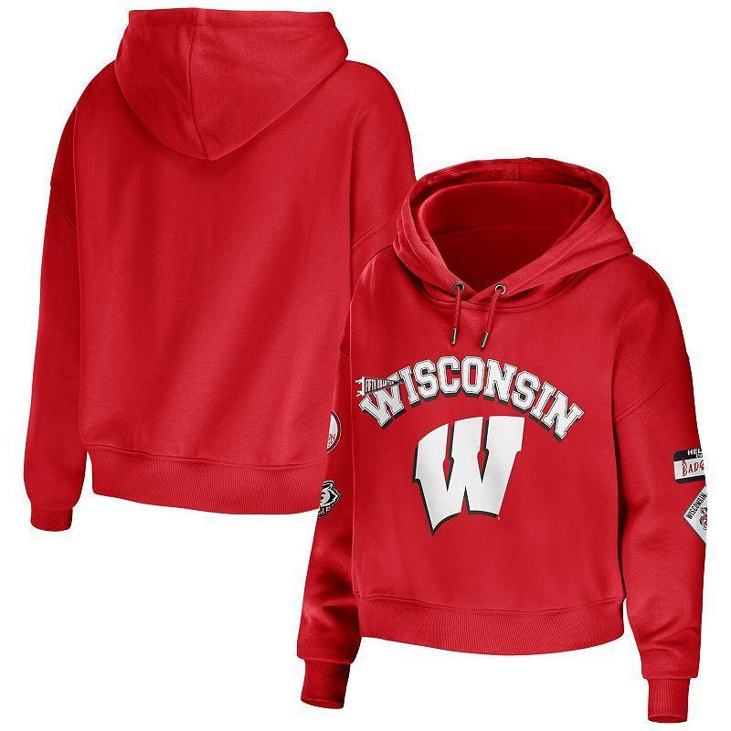 Womens WEAR by Erin Andrews Wisconsin Badgers Mixed Media Cropped Pullover Hoodie Product Image