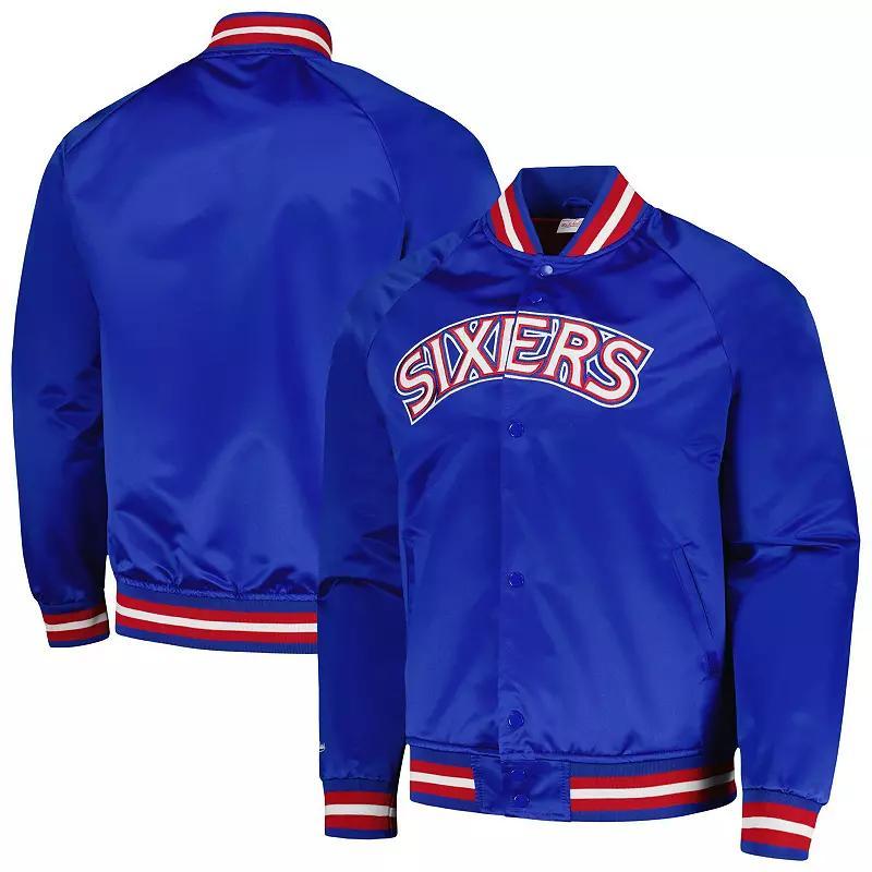 Mens Mitchell & Ness Royal Philadelphia 76ers Hardwood Classics Throwback Wordmark Raglan Full-Snap Jacket Product Image