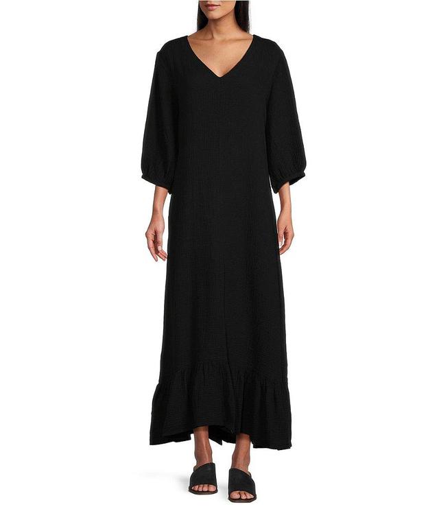 Bryn Walker Lana Cotton Gauze V-Neck 3/4 Sleeve Ruffle Hem Shift Dress Product Image