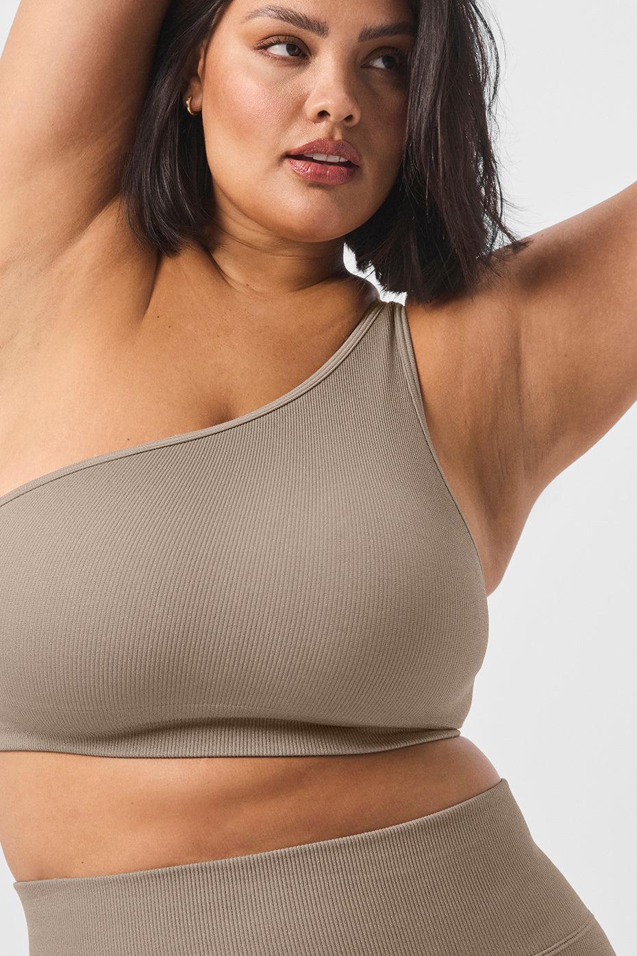 Seamless Ribbed Asymmetric Shimmer Bra Tank - Gravel Female Product Image