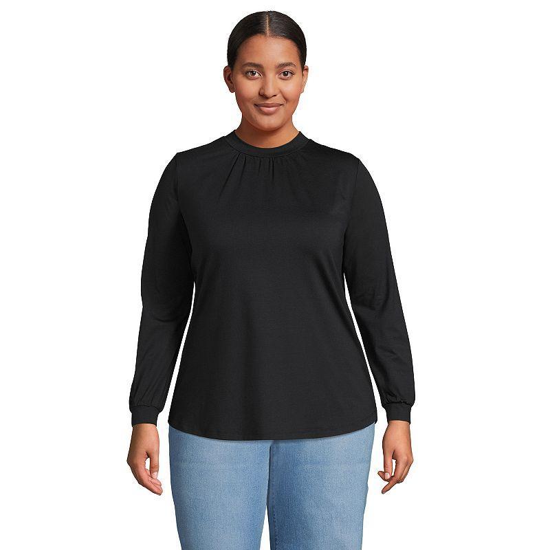 Lands End Plus Size Jersey Long Sleeve Gathered Mock Neck Tee Product Image